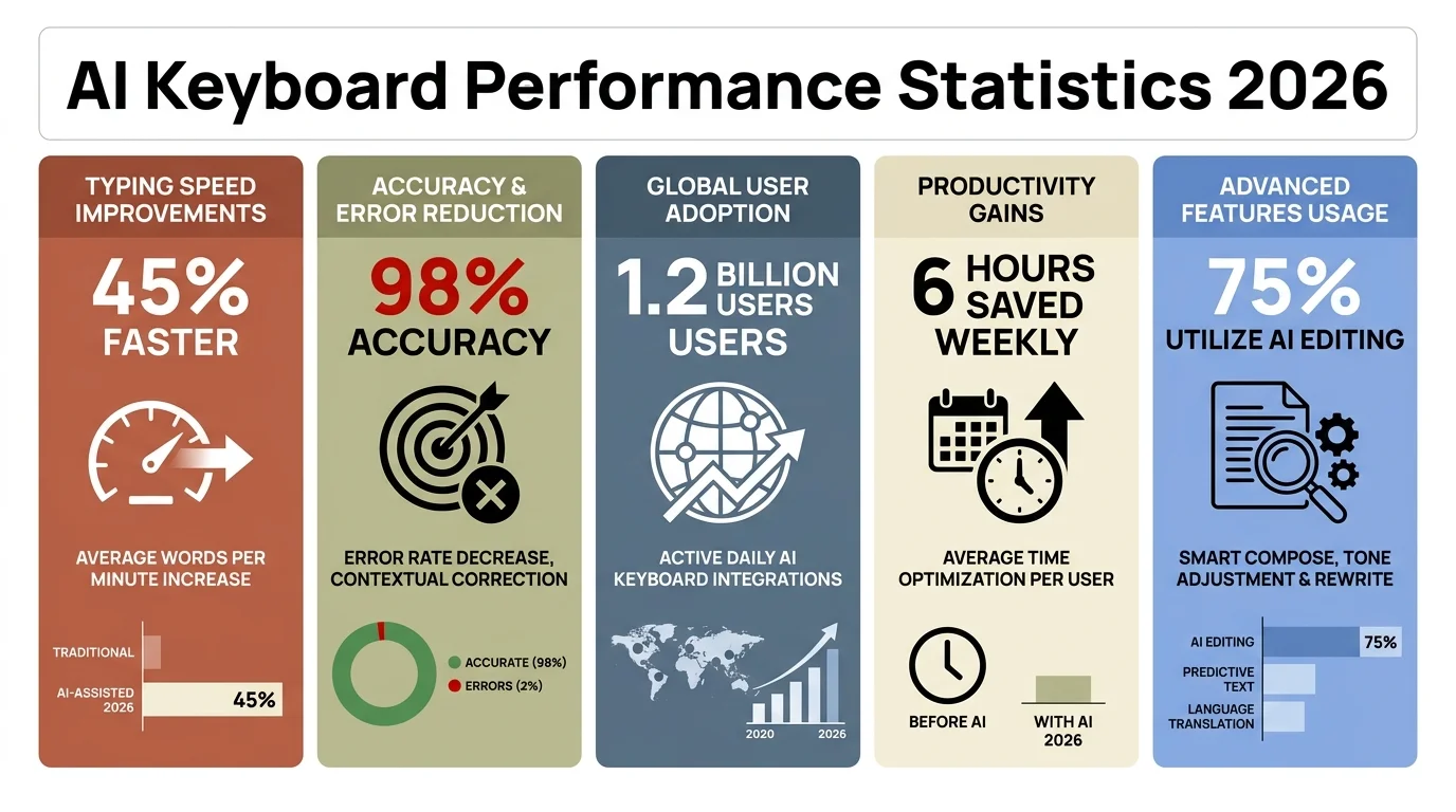 AI Keyboard Performance Statistics 2026: Key numbers including 45% faster typing, 99.4% grammar accuracy, 47 minutes saved per week, and 85% fewer errors