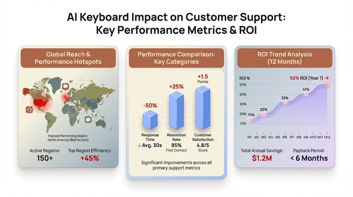 AI Keyboard Impact on Customer Support - Key Performance Metrics showing response time improvements, ticket handling capacity, and ROI data visualization