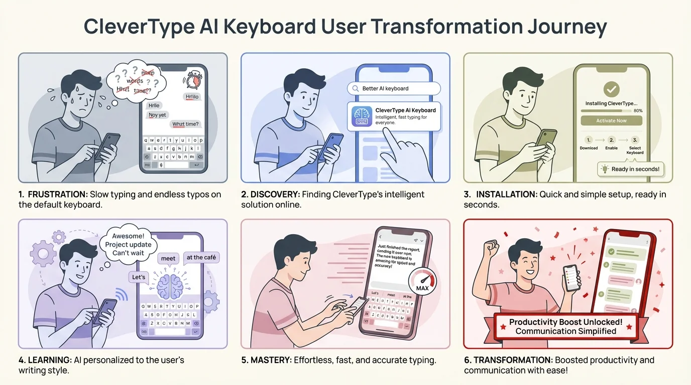 Visual journey showing how CleverType AI Keyboard transforms users' writing experience from frustration to mastery