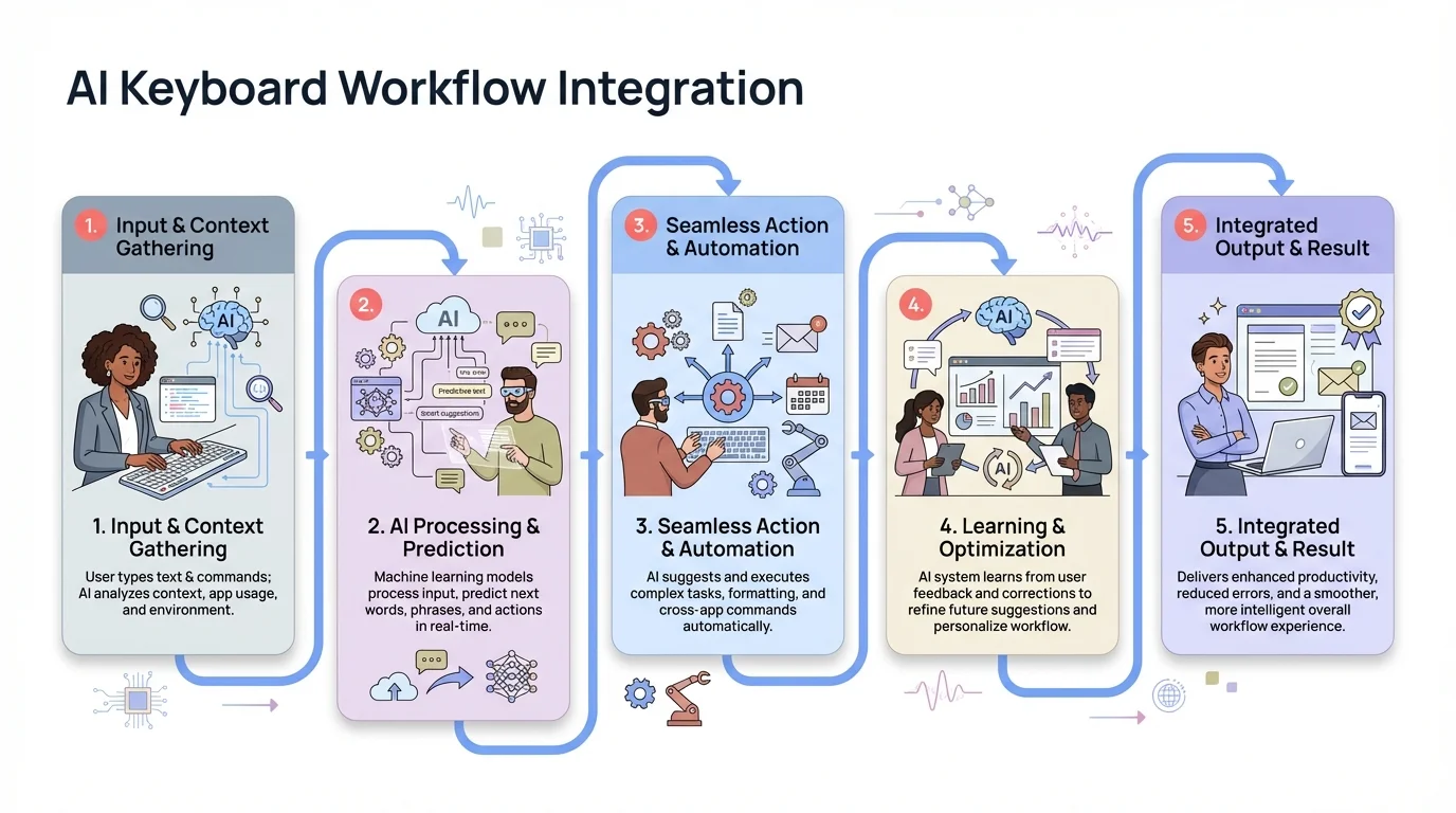 AI Keyboard Workflow Integration: Visual guide showing how voice typing, predictive text, grammar correction, tone adjustment, and custom assistants work together in seamless workflows