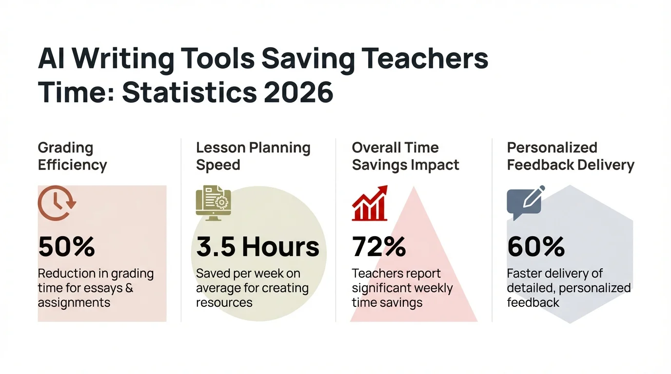 AI writing tools statistics for teachers in 2026: 61% adoption rate, 6 weeks saved per year, 9.9 hours per week spent grading, and more key research findings