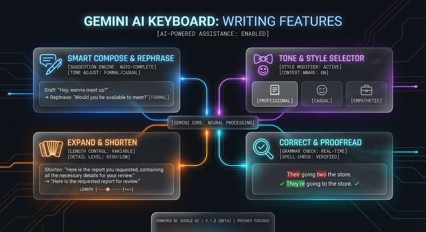Gemini AI Keyboard Writing Features - Dark mode infographic showcasing the 6 key AI-powered writing features including proofread, tone rewriting, smart compose, and context-aware suggestions
