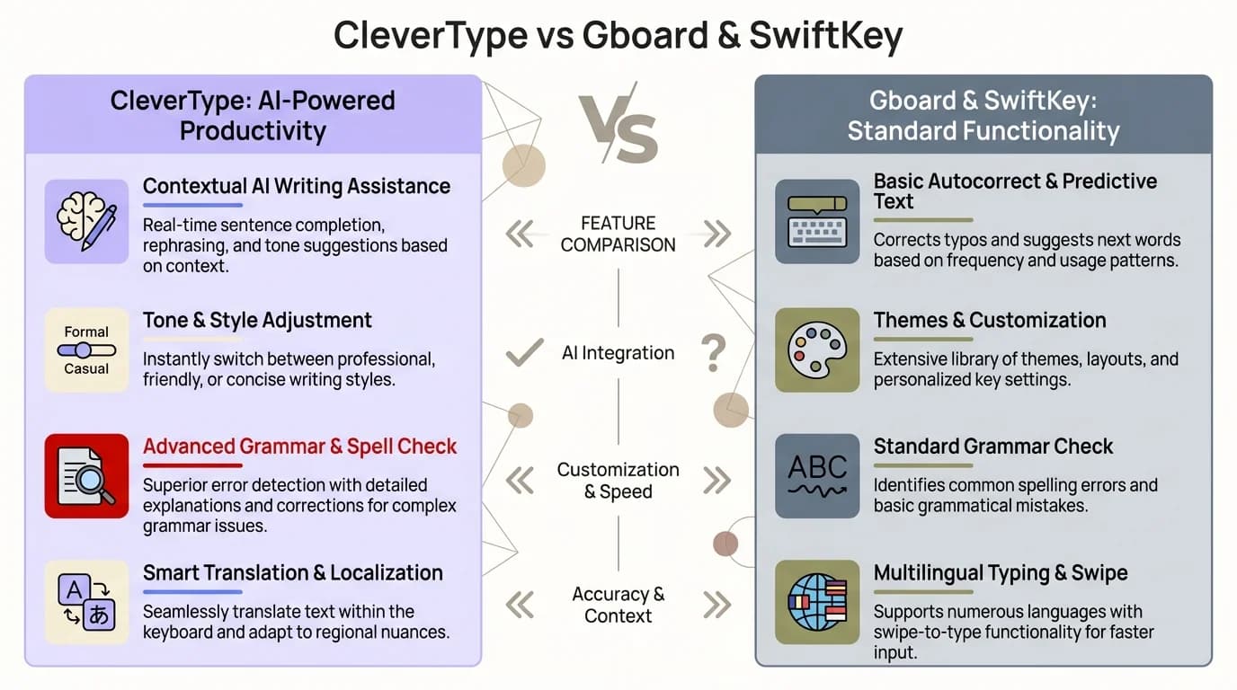 Side-by-side comparison of CleverType on-device privacy versus Gboard and SwiftKey cloud-based data processing