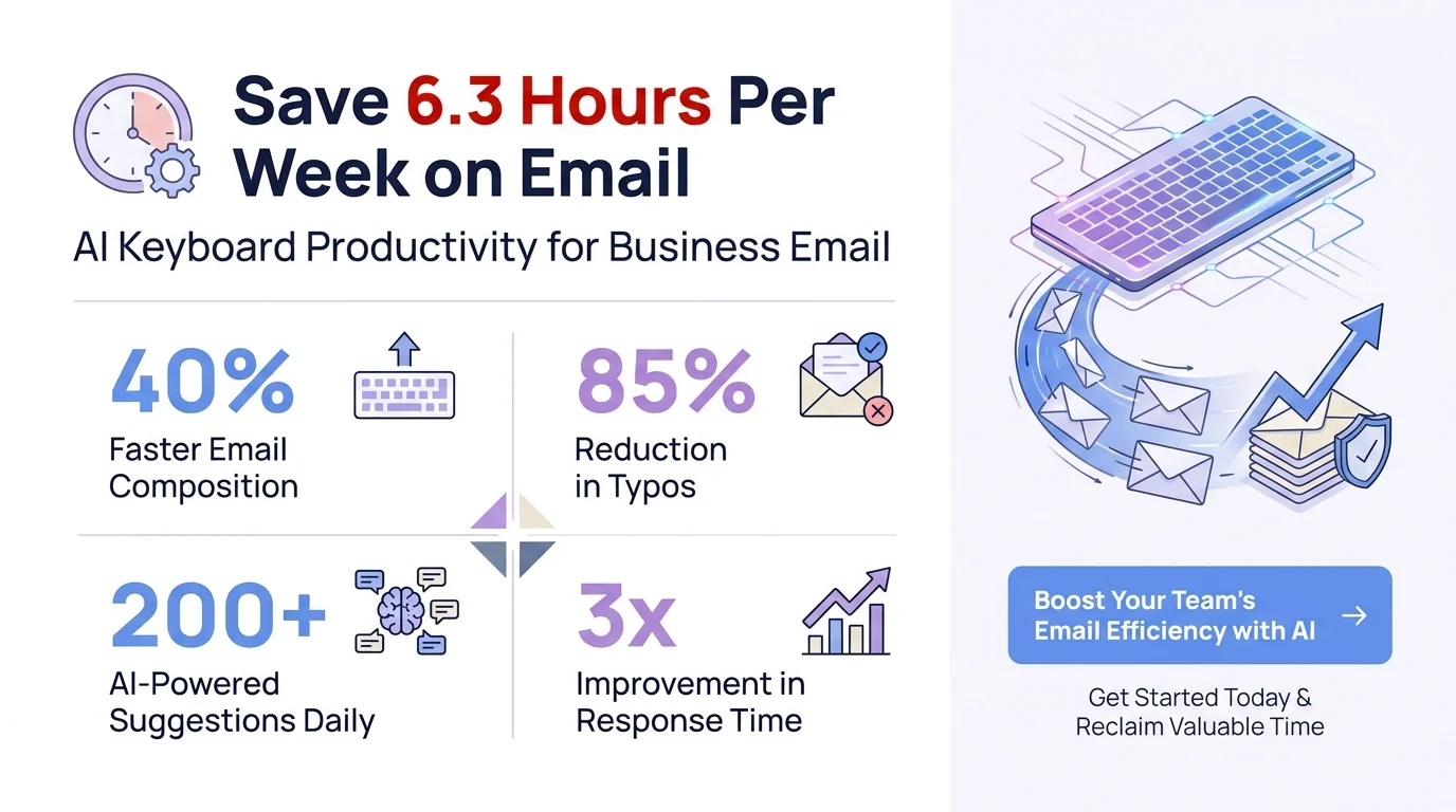 AI keyboard productivity statistics for business email: save 6.3 hours per week with 48% faster drafting time