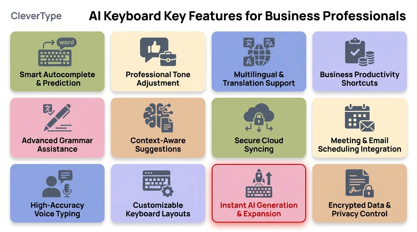 CleverType AI keyboard key features for business professionals: tone switching, grammar correction, smart replies, multilingual support, writing style learning, and voice-to-text