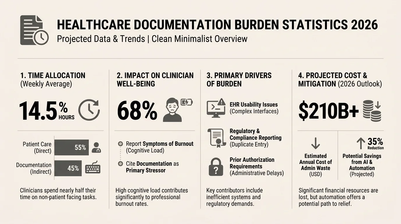 Healthcare documentation burden statistics 2026: physicians spend 28 hours weekly on admin, 41.9% report burnout, AI keyboards reduce charting time by 70%