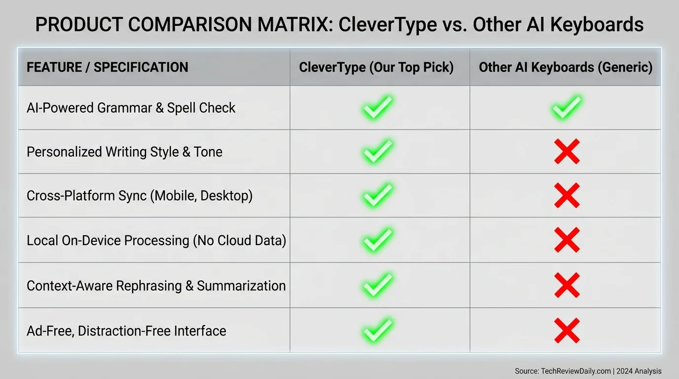 CleverType vs other AI keyboards comparison matrix: on-device AI, grammar checking, tone adjustment, voice-to-text, medical vocabulary, privacy features