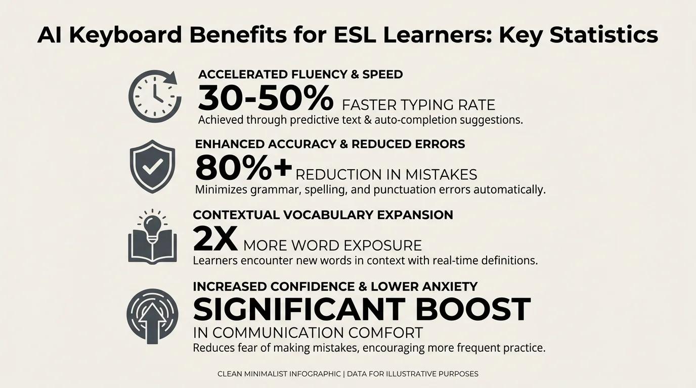 Key statistics on AI keyboard benefits for ESL learners: 47% grammar improvement, 2.3x faster learning, 1.9 billion English speakers worldwide