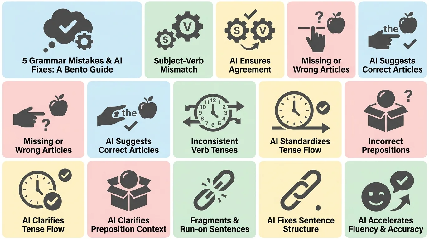 5 common English grammar mistakes ESL learners make: article usage, present perfect vs past, prepositions, subject-verb agreement, countable nouns