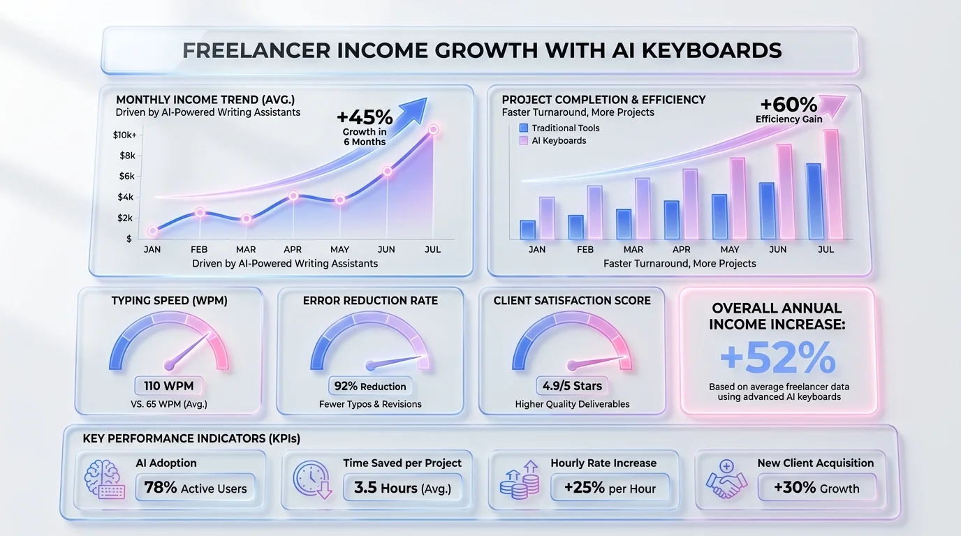 KPI dashboard showing freelancer income growth from using an AI keyboard, including time savings, higher rates, and client retention