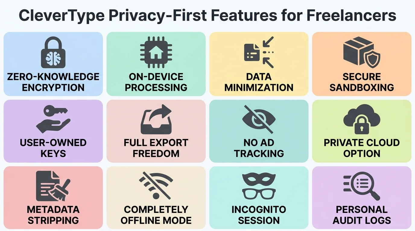 Icon grid summarizing CleverType's privacy-first features for freelancers, including on-device AI processing, AES-256 encryption, and zero telemetry