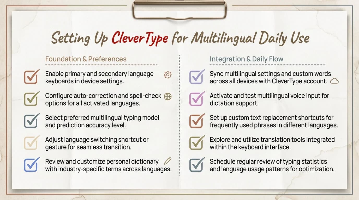 Step-by-step checklist for setting up CleverType multilingual keyboard for daily use — 7 setup steps including language configuration, auto-detect, and calibration