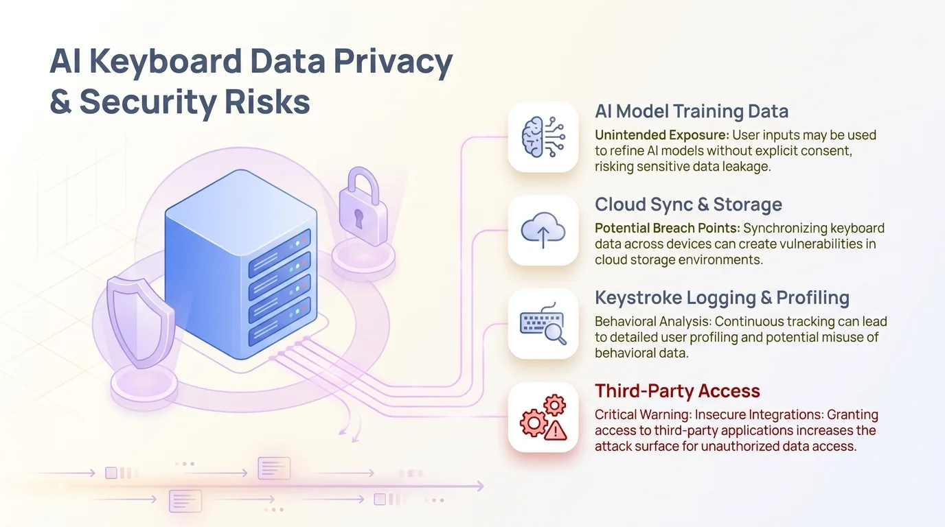 AI Keyboard Data Privacy and Security Risks — showing what sensitive data keyboard apps can access, including passwords, messages, and banking credentials