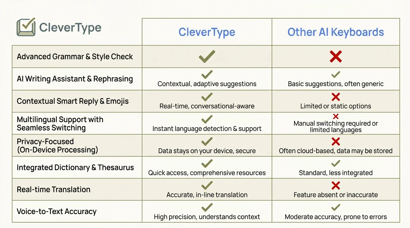CleverType vs Other AI Keyboards — feature comparison matrix showing on-device AI processing, GDPR compliance, privacy dashboard, and data handling differences