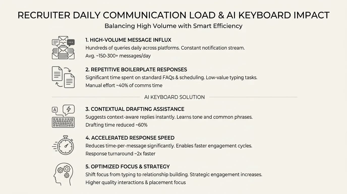 Infographic showing recruiter daily communication load statistics and the impact of AI keyboards on productivity