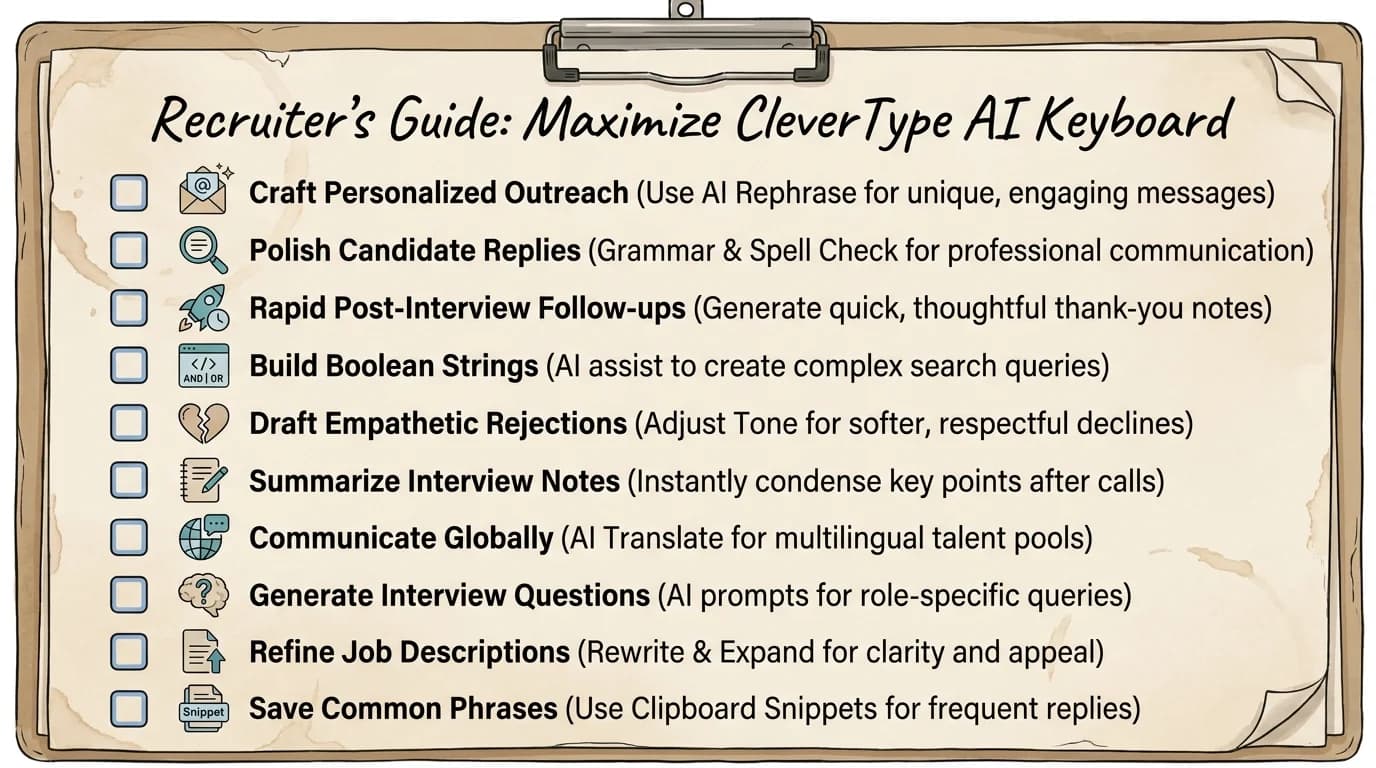 Step-by-step checklist infographic for getting the most out of CleverType AI keyboard as a recruiter