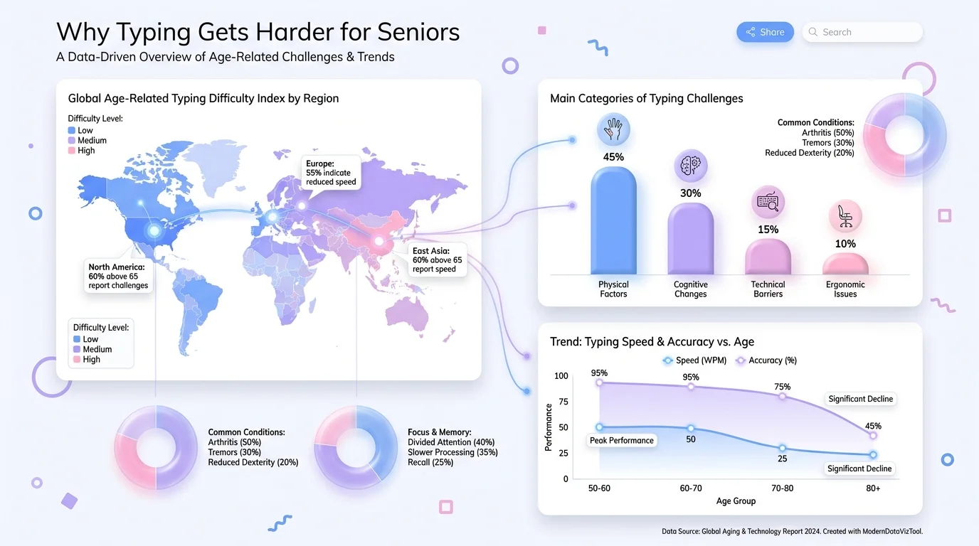 Data breakdown of why typing gets harder for seniors, including arthritis rates, vision changes, and smartphone adoption gaps