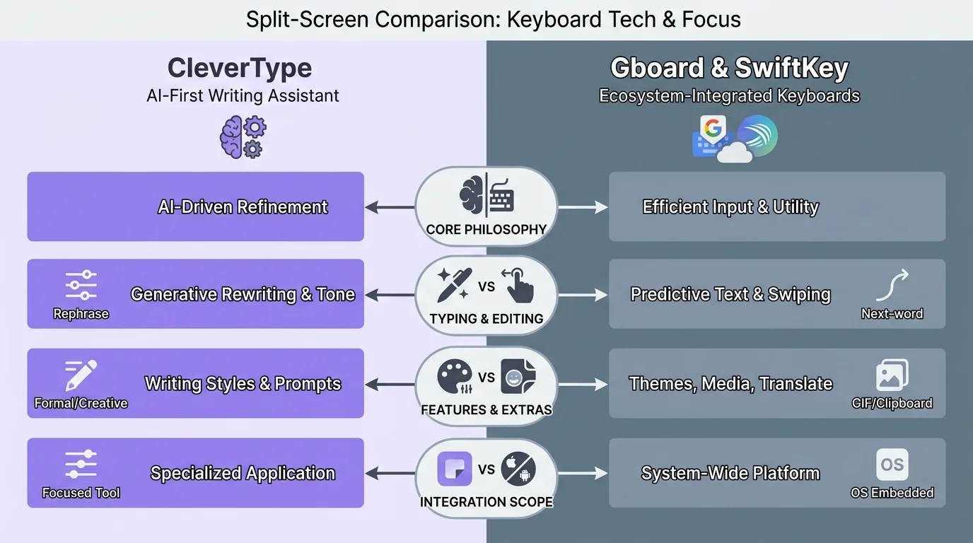 Side-by-side comparison of CleverType versus Gboard and SwiftKey on features that matter most for senior citizens