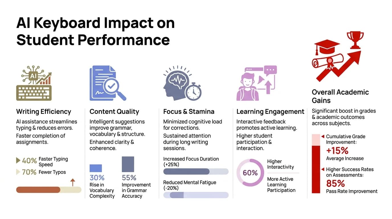 AI Keyboard Impact on Student Performance: Key statistics including 56.7% reduction in writing time, 92% AI tool adoption, 54% higher assessment scores, and 30% better learning outcomes