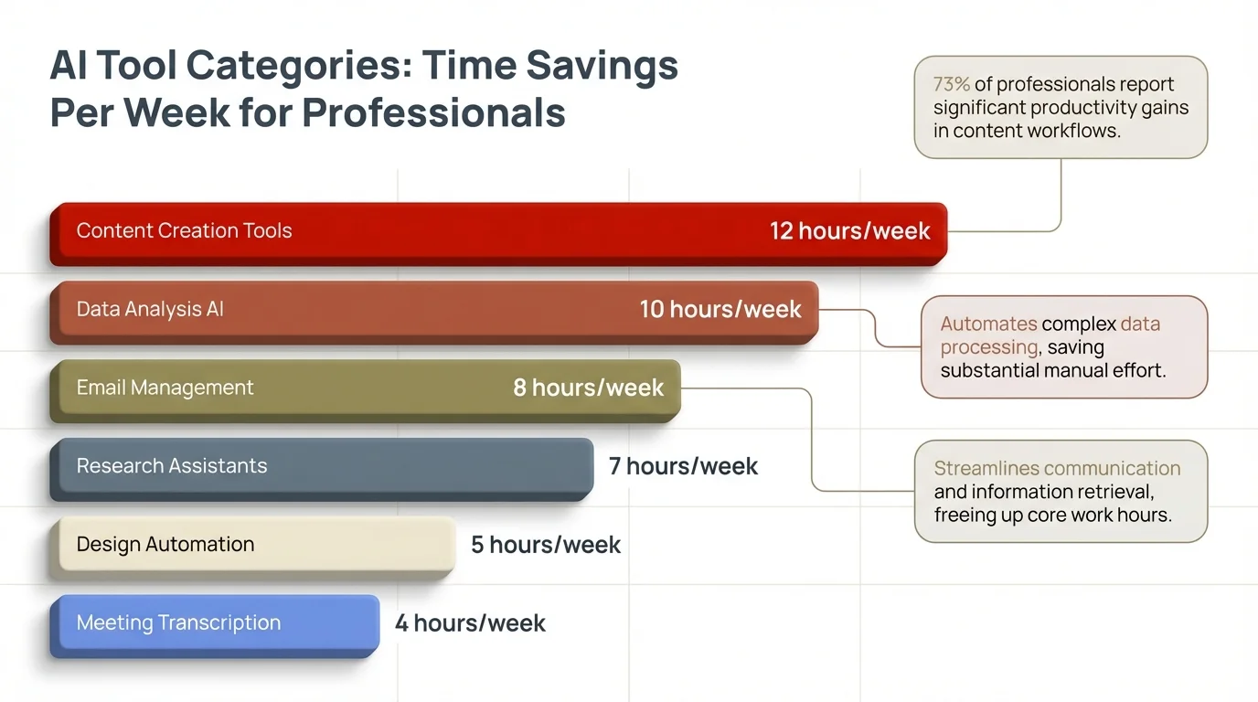 Bar chart showing AI tool categories and average time savings per week for professionals - meeting tools save 4-6 hours, writing assistants 3-5 hours, research tools 2-4 hours