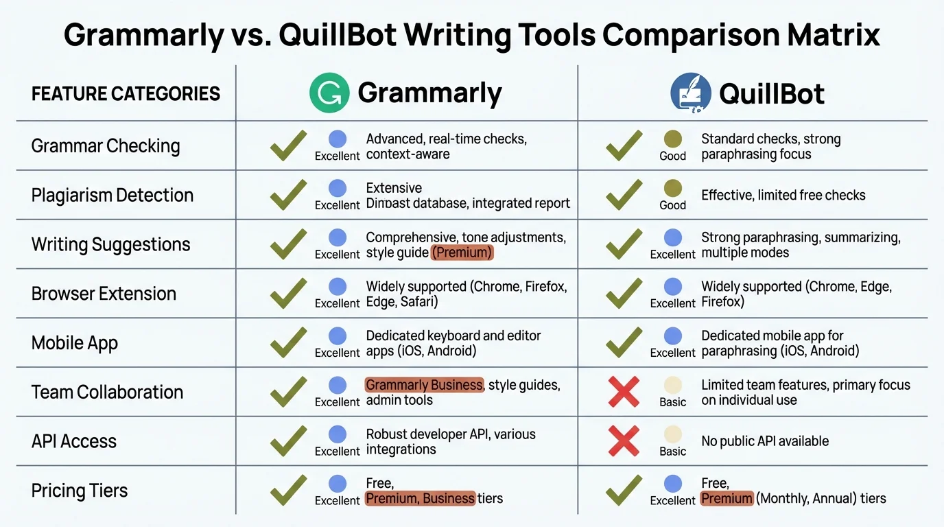 Chrome AI Writing Extensions Comparison - Grammarly vs QuillBot feature matrix showing grammar checking, plagiarism detection, pricing and capabilities