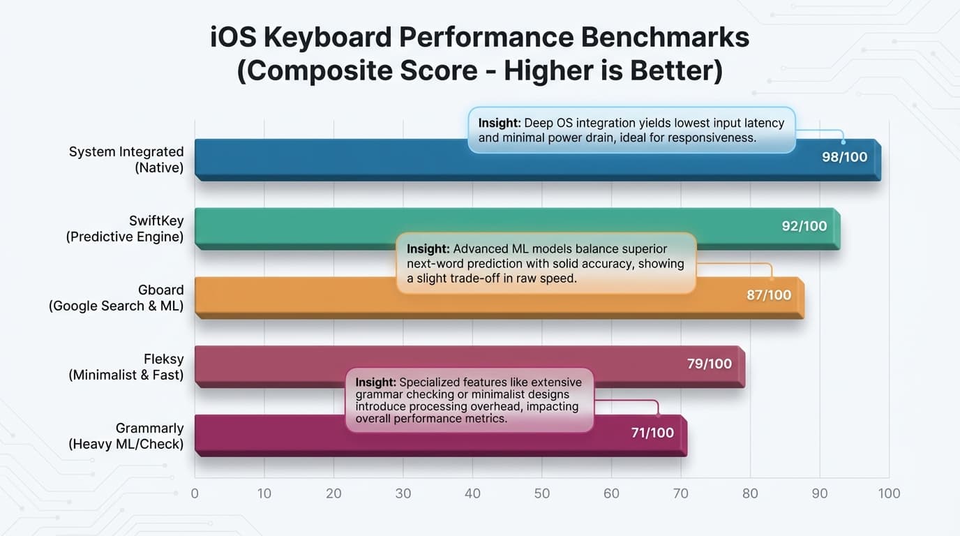 iOS Keyboard Performance Benchmarks - Detailed comparison of typing speed, latency, battery consumption, and memory usage across all tested keyboards