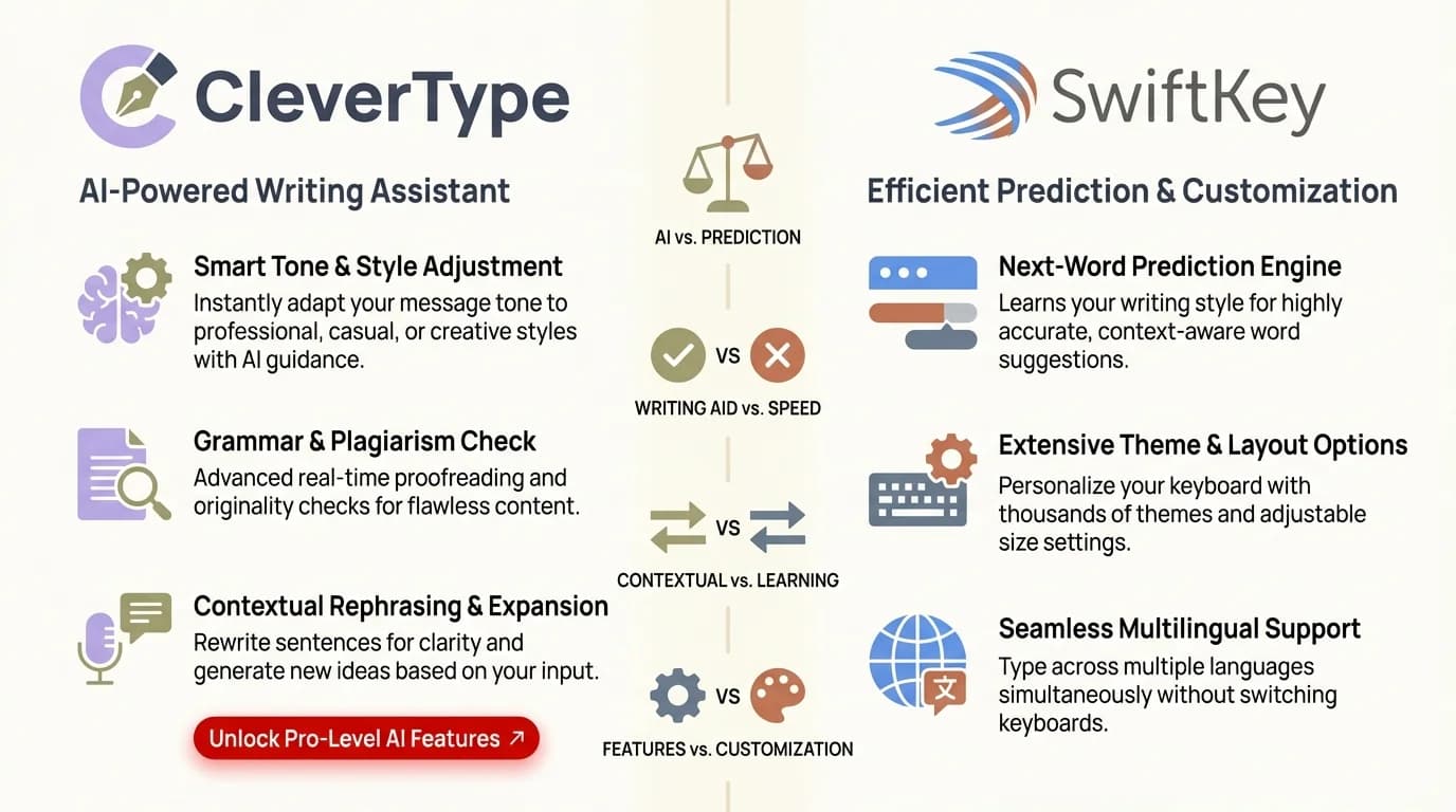 CleverType vs SwiftKey privacy comparison: on-device processing vs cloud logging, no account required vs Microsoft account mandatory from May 2026