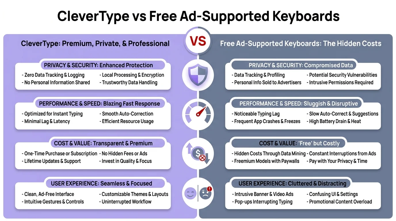CleverType vs Free Ad-Supported Keyboards: privacy, data processing, and security feature comparison