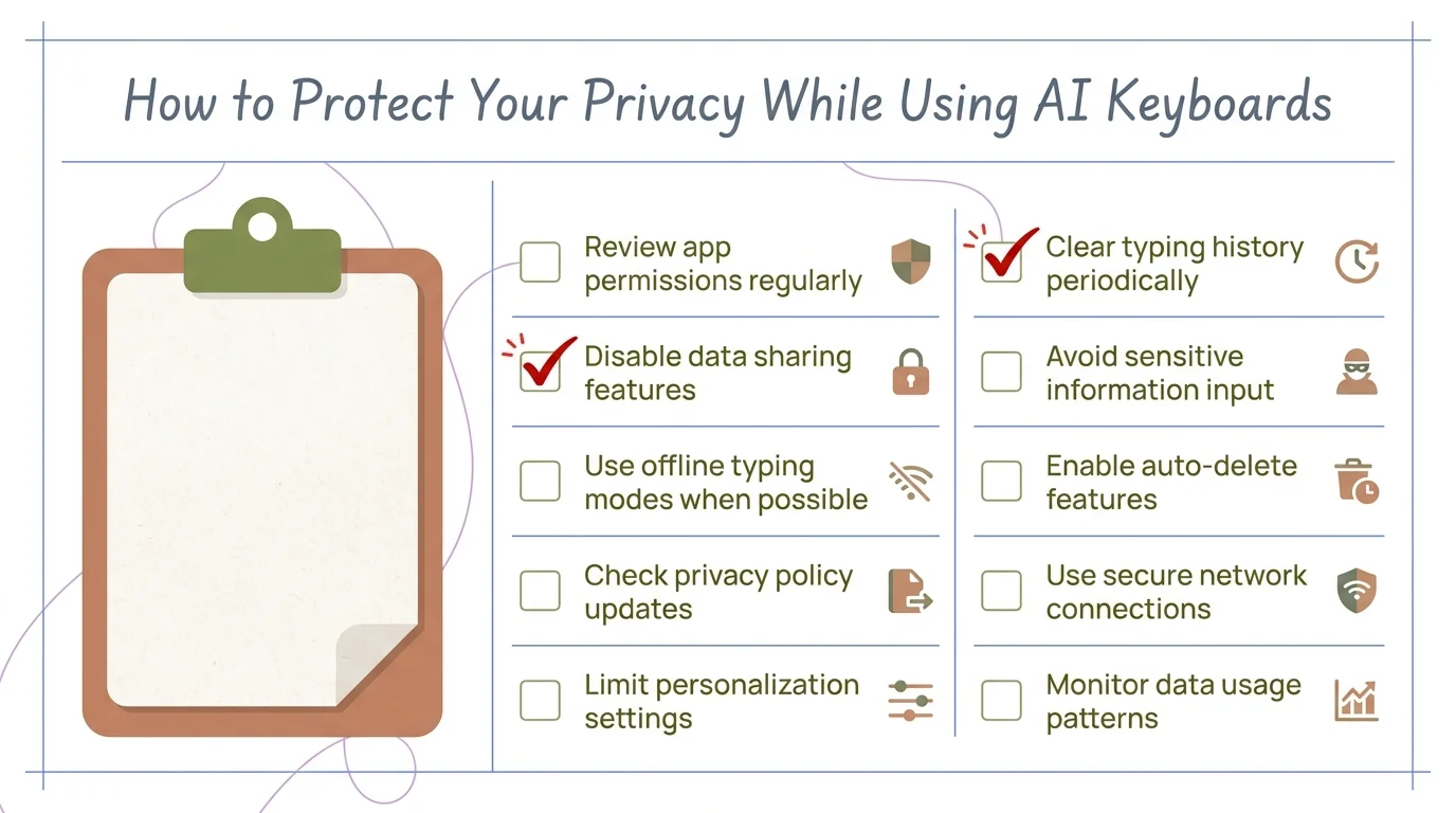 5-step checklist for protecting your privacy while using AI keyboards — from reviewing permissions to enabling local-only AI features