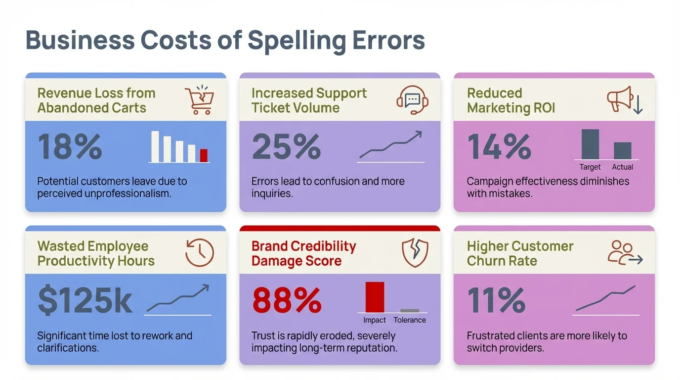 Business costs and impact of spelling errors - KPI dashboard showing $1.2 trillion annual cost to US businesses