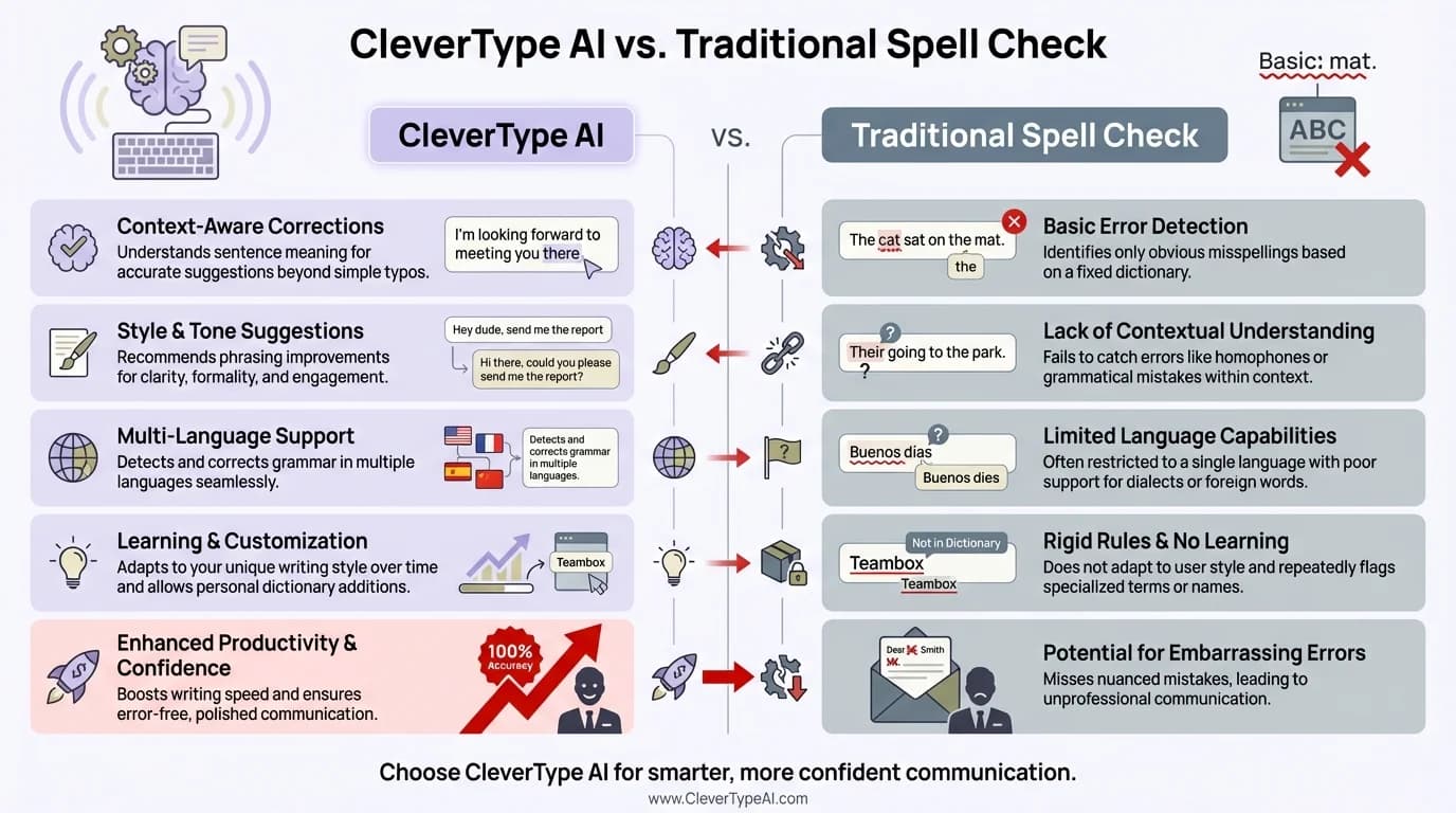 CleverType AI vs Traditional Spell Check - feature comparison showing contextual AI advantages