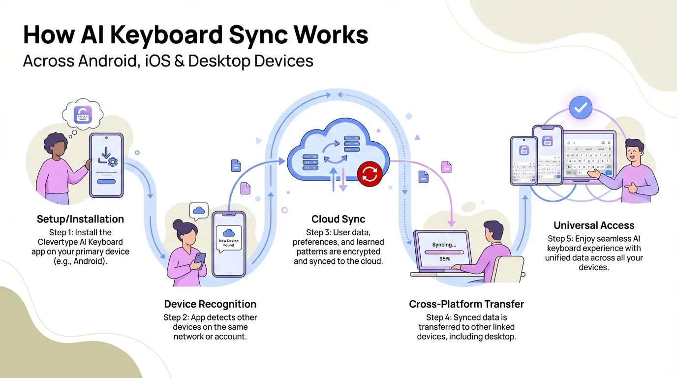 How AI keyboard sync works across Android, iOS, and desktop devices - step-by-step process from setup to universal access