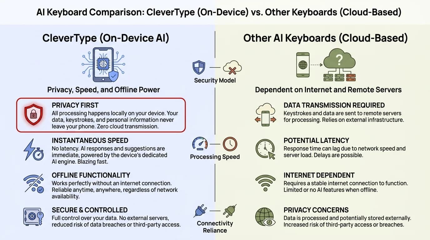 CleverType on-device AI vs other cloud-based AI keyboards: side-by-side comparison of battery efficiency, privacy, and performance