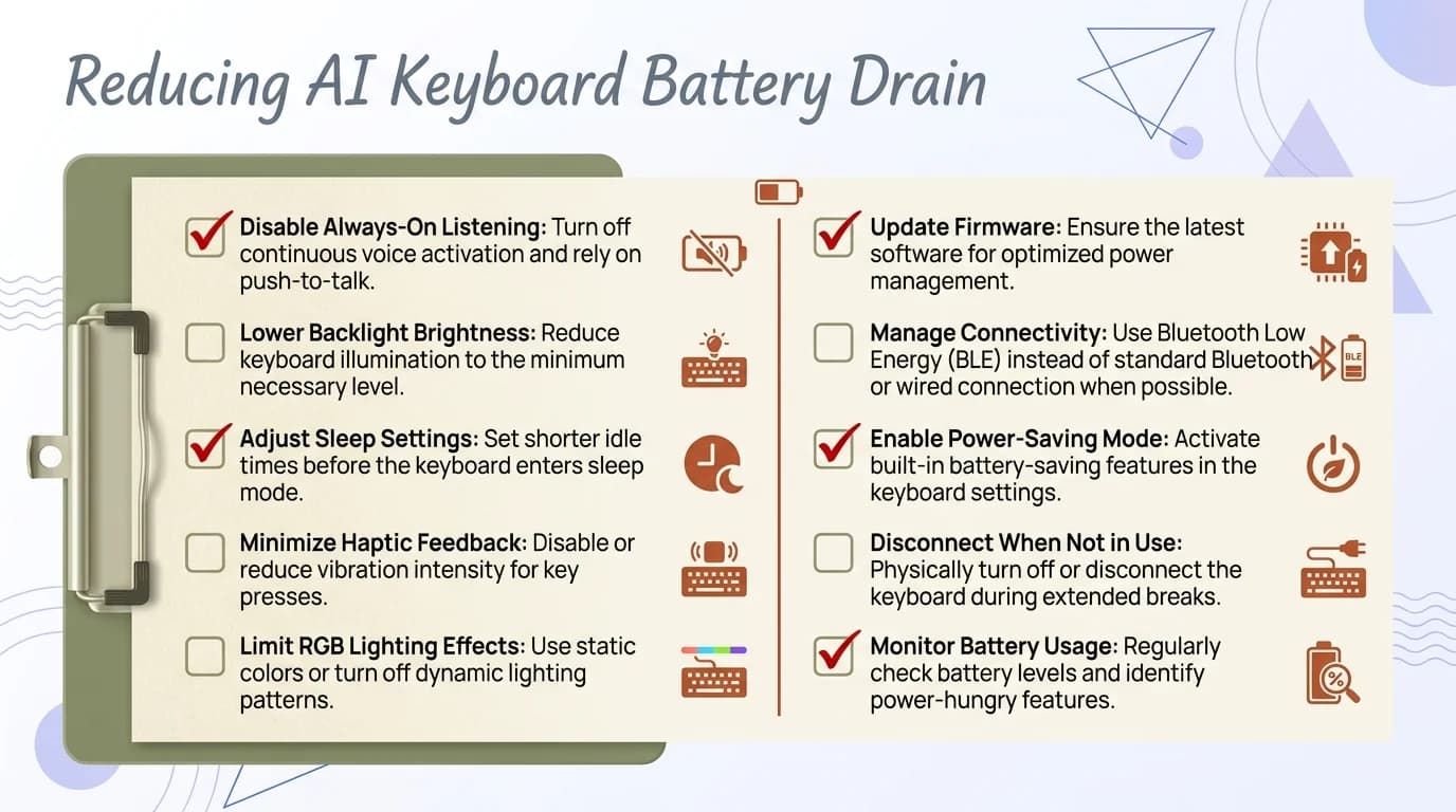 7-step checklist for reducing AI keyboard battery drain: choose on-device AI, disable voice typing, switch grammar checking to on-demand, and more