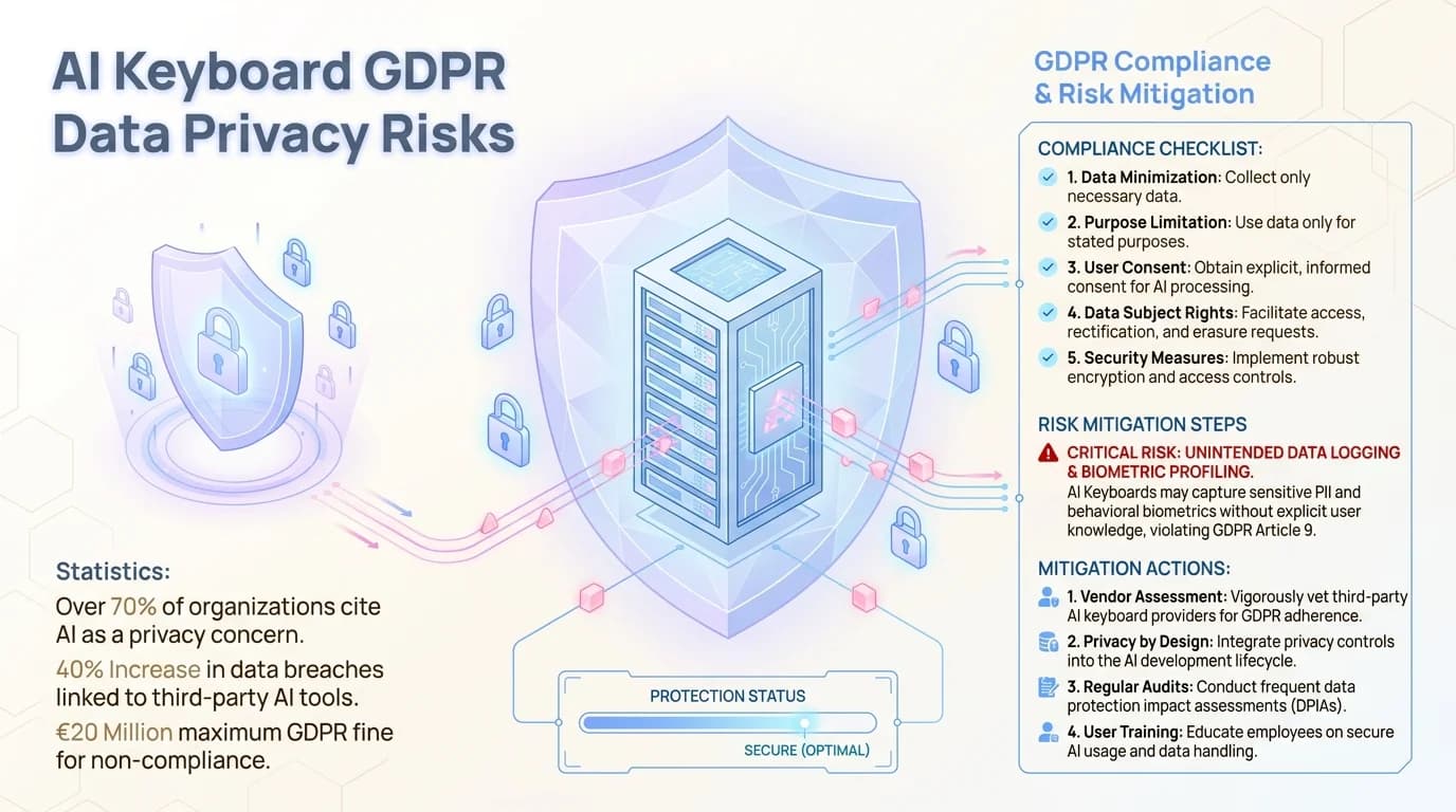 AI Keyboard GDPR Data Privacy Risks: cybersecurity HUD showing shield and padlock protection for European data