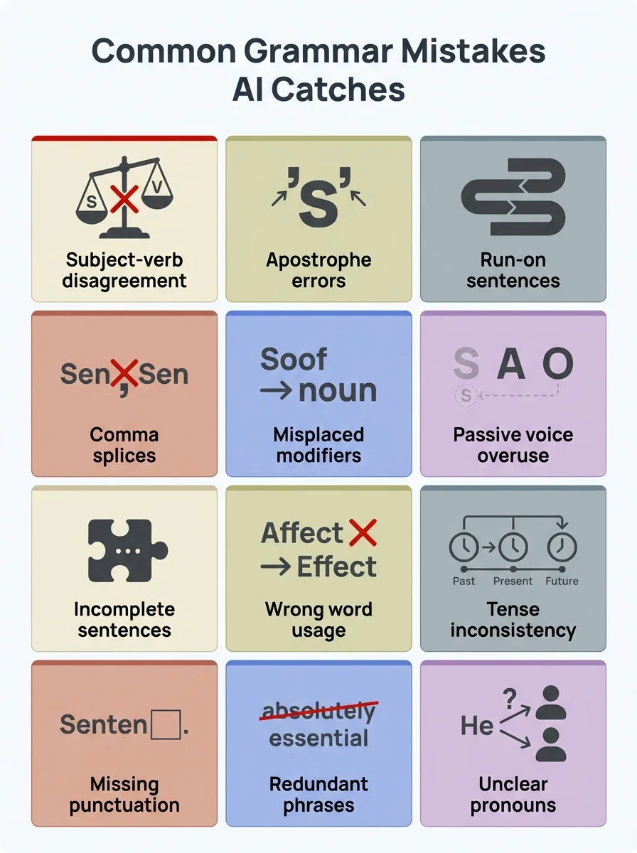 Common Grammar Mistakes That AI Catches - A visual guide showing the most frequent writing errors including subject-verb agreement, comma splices, homophones, apostrophe misuse, run-on sentences, and dangling modifiers