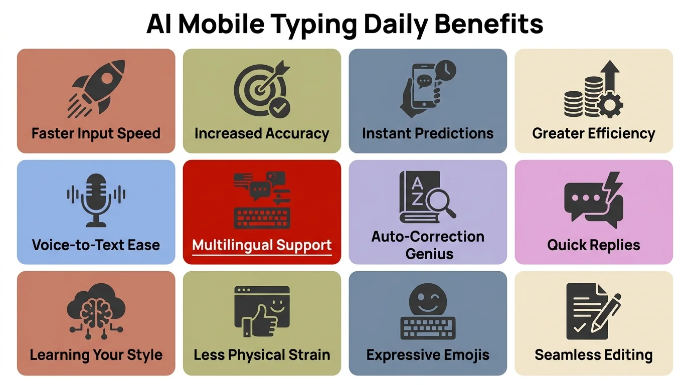 AI mobile typing daily benefits infographic: icon grid showing autocorrect saving 8 minutes/day, predictions reducing keystrokes by 890, grammar checking, tone adjustment, and voice typing statistics