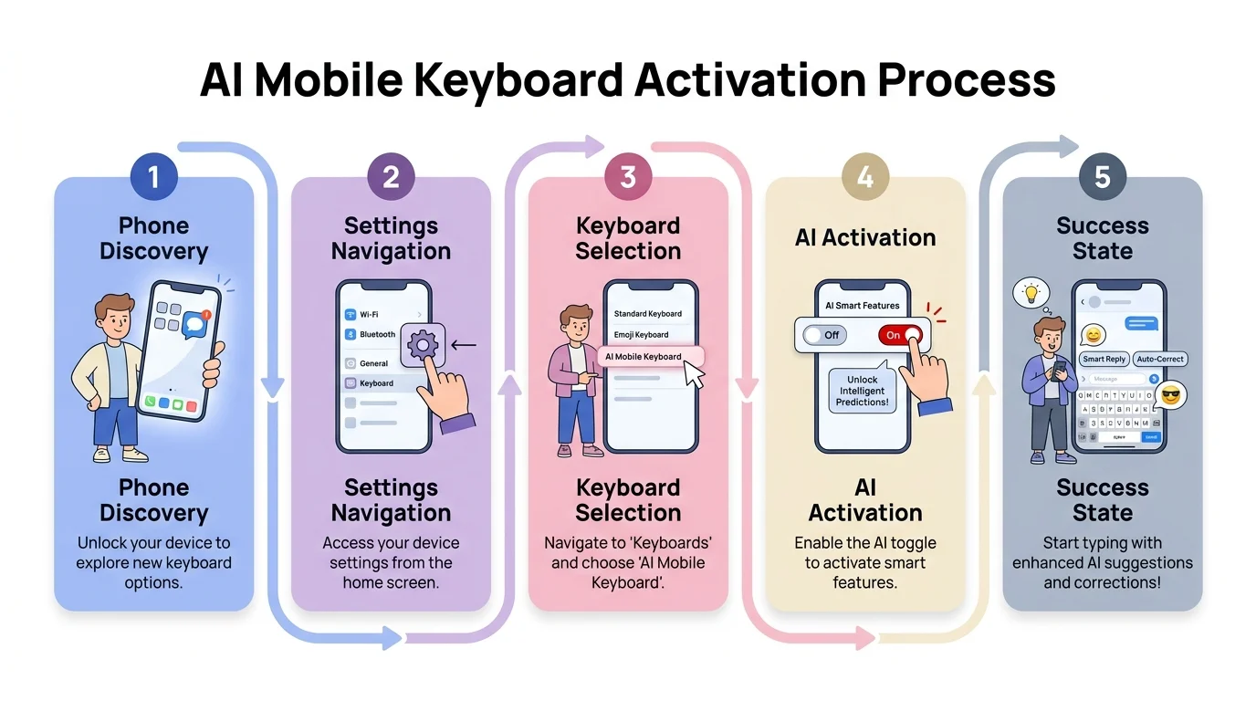 Step-by-step process for activating AI in a mobile keyboard: from app download through settings navigation, keyboard selection, AI toggle activation, and first use