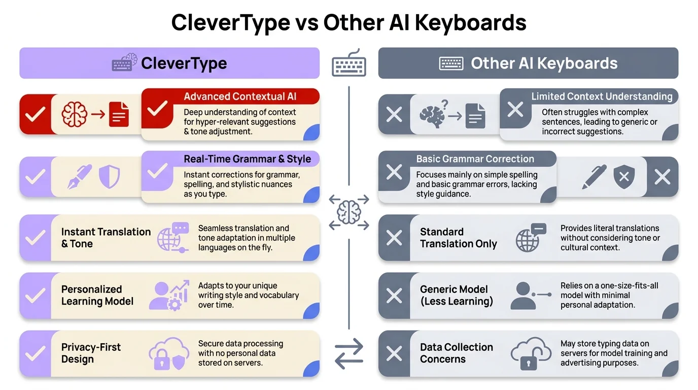 CleverType vs Other AI Keyboards: side-by-side feature comparison showing CleverType's advantages including shorter data retention, no third-party sharing, custom AI assistants, and privacy-first design