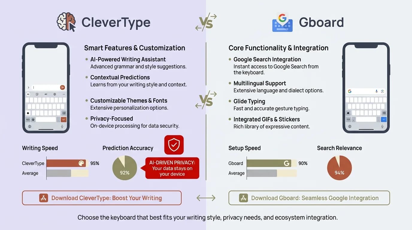 Side-by-side comparison of CleverType AI keyboard versus Gboard, showing CleverType's advantages including universal app support, 89% grammar accuracy, tone adjustment, custom AI assistants, offline AI, and professional templates