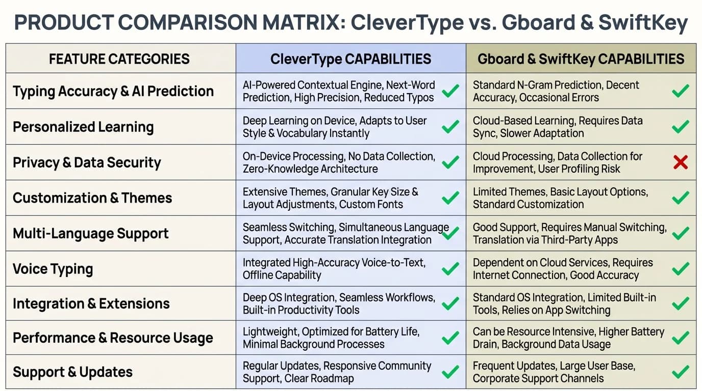 CleverType vs Gboard and SwiftKey AI keyboard comparison matrix showing features, privacy, grammar accuracy, and language support