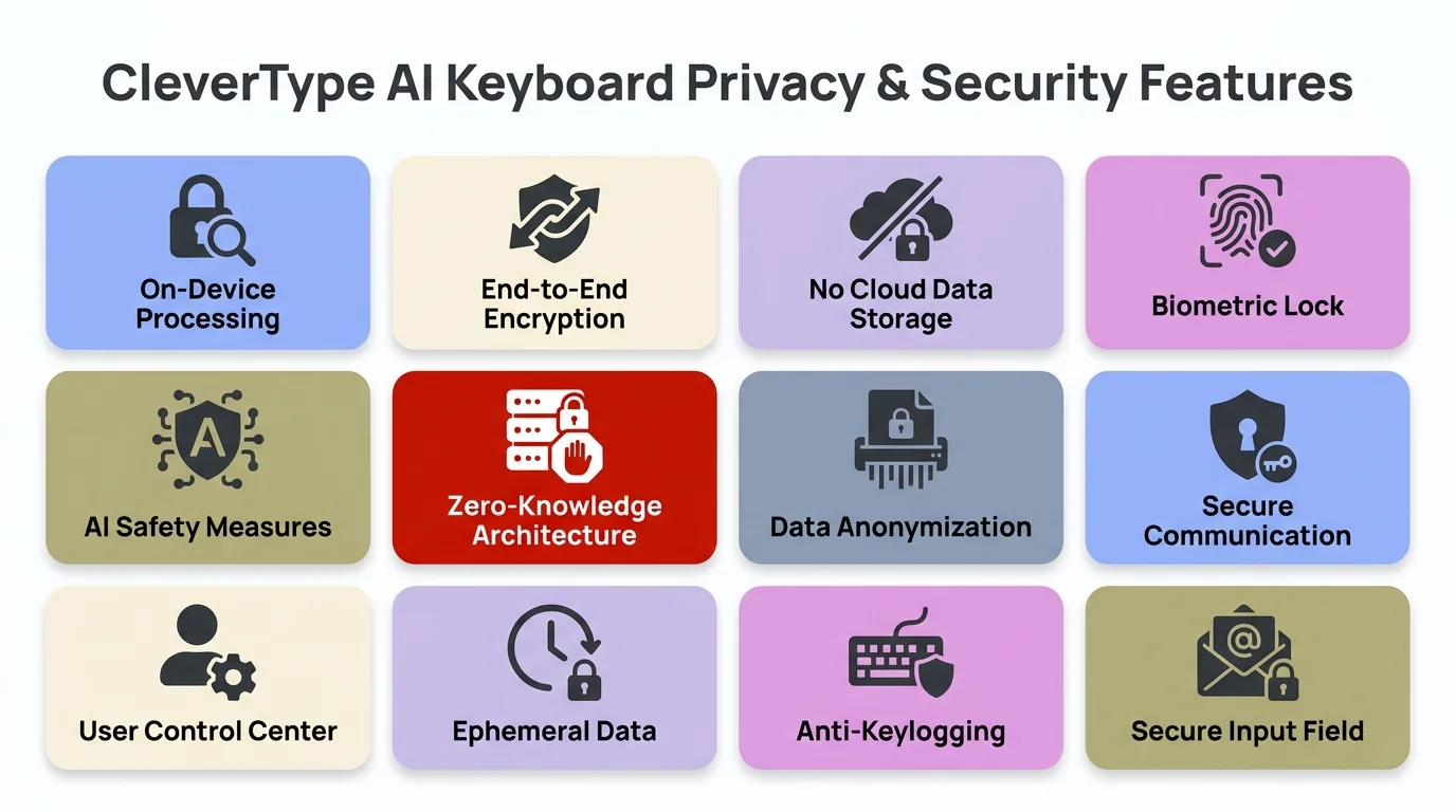 CleverType AI keyboard privacy and security features: on-device processing, zero data transmission, encryption, and secure local storage