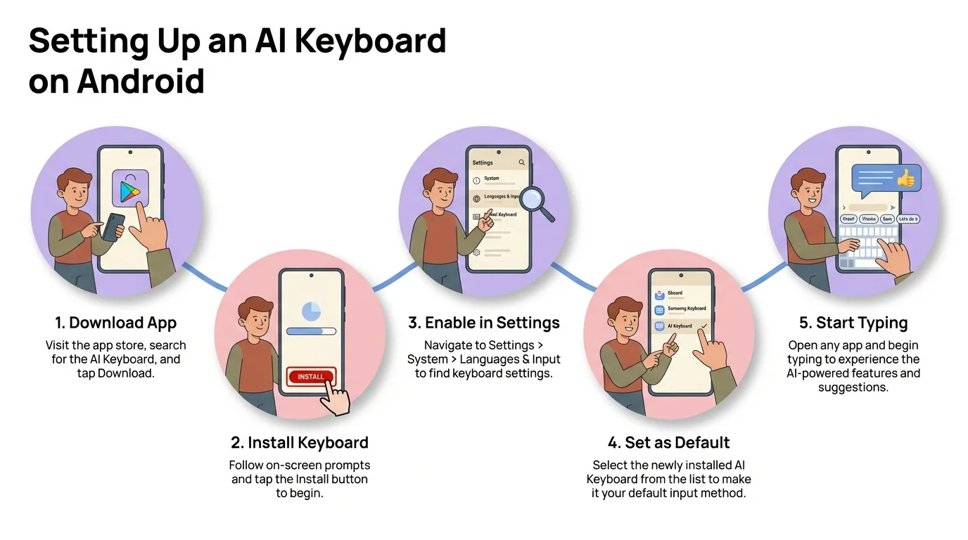 Step-by-step process for setting up an AI keyboard on Android: Download app, install, enable in settings, set as default, and start typing
