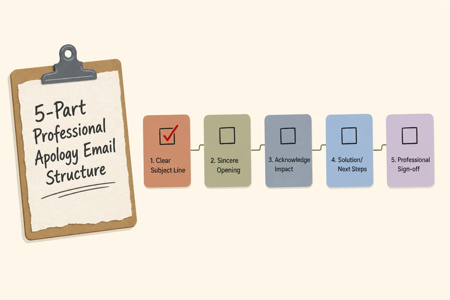 Checklist infographic showing the 5-part structure of a professional apology email: acknowledgment, ownership, impact statement, fix or plan, and forward-looking close
