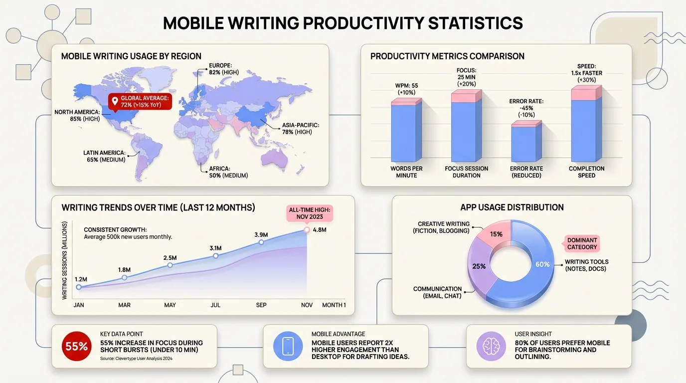 Mobile Writing Productivity Statistics - Data visualization showing productivity gains, time savings, and efficiency improvements from using AI-powered mobile writing tools