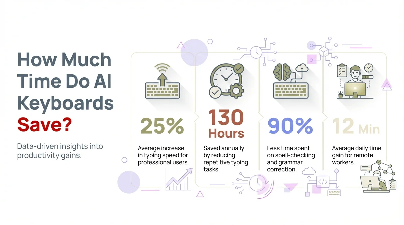 Infographic showing time-saving statistics of AI keyboards - 42 minutes saved per day, 28% fewer deleted characters, and 52% reduction in message revision time