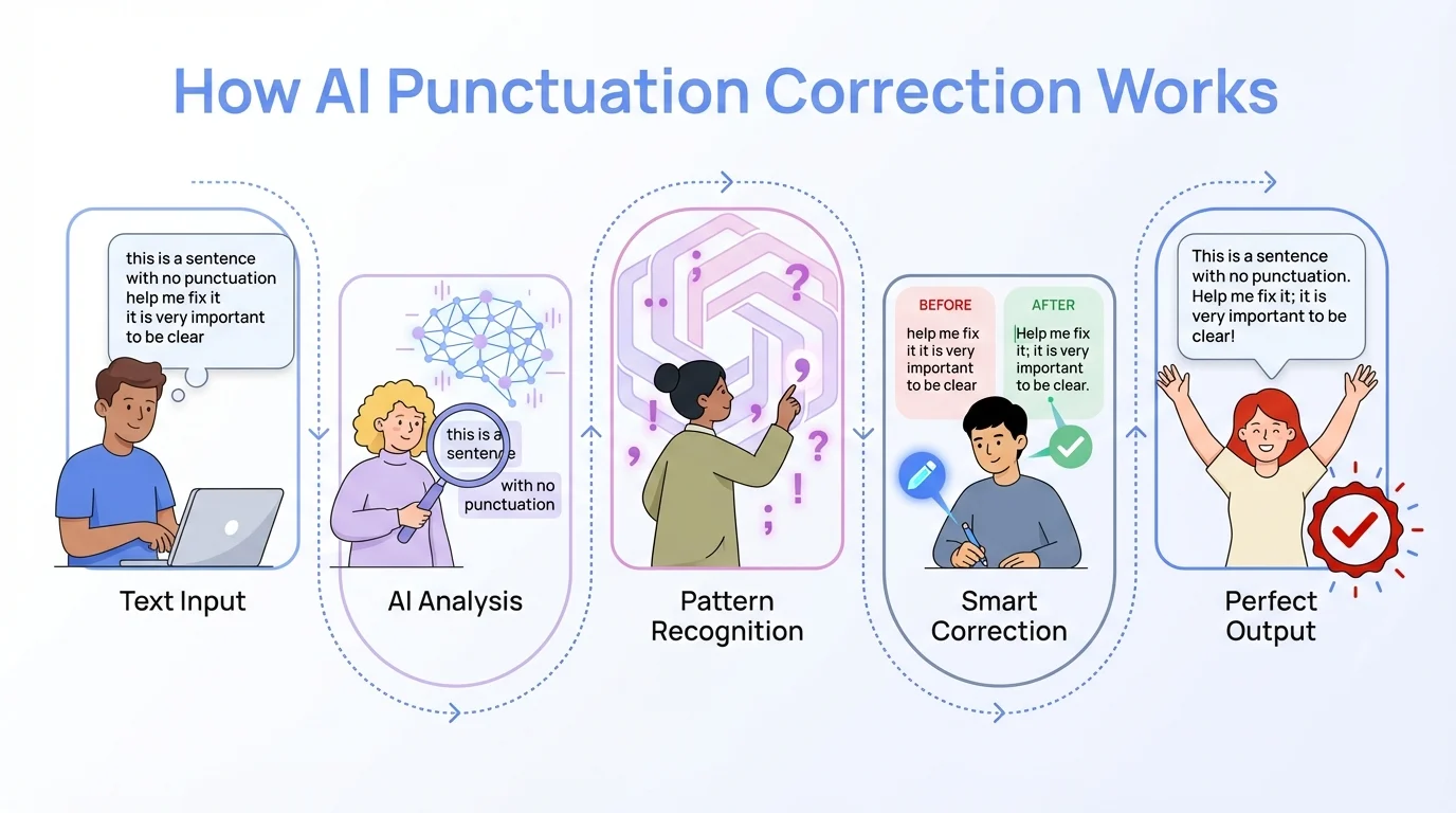 How AI Punctuation Correction Works - Step-by-step process showing text input, AI analysis, pattern recognition, smart correction, and perfect output