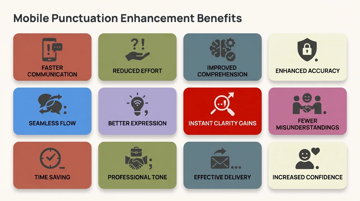Mobile Punctuation Enhancement Benefits - Key advantages including improved accuracy, time savings, professional credibility, and error reduction