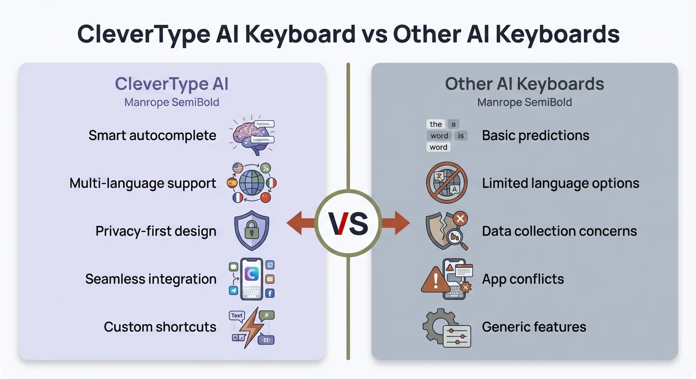 CleverType AI Keyboard vs Other AI Keyboards - Feature comparison showing CleverType's superior capabilities including smart autocomplete, multi-language support, and privacy-first design