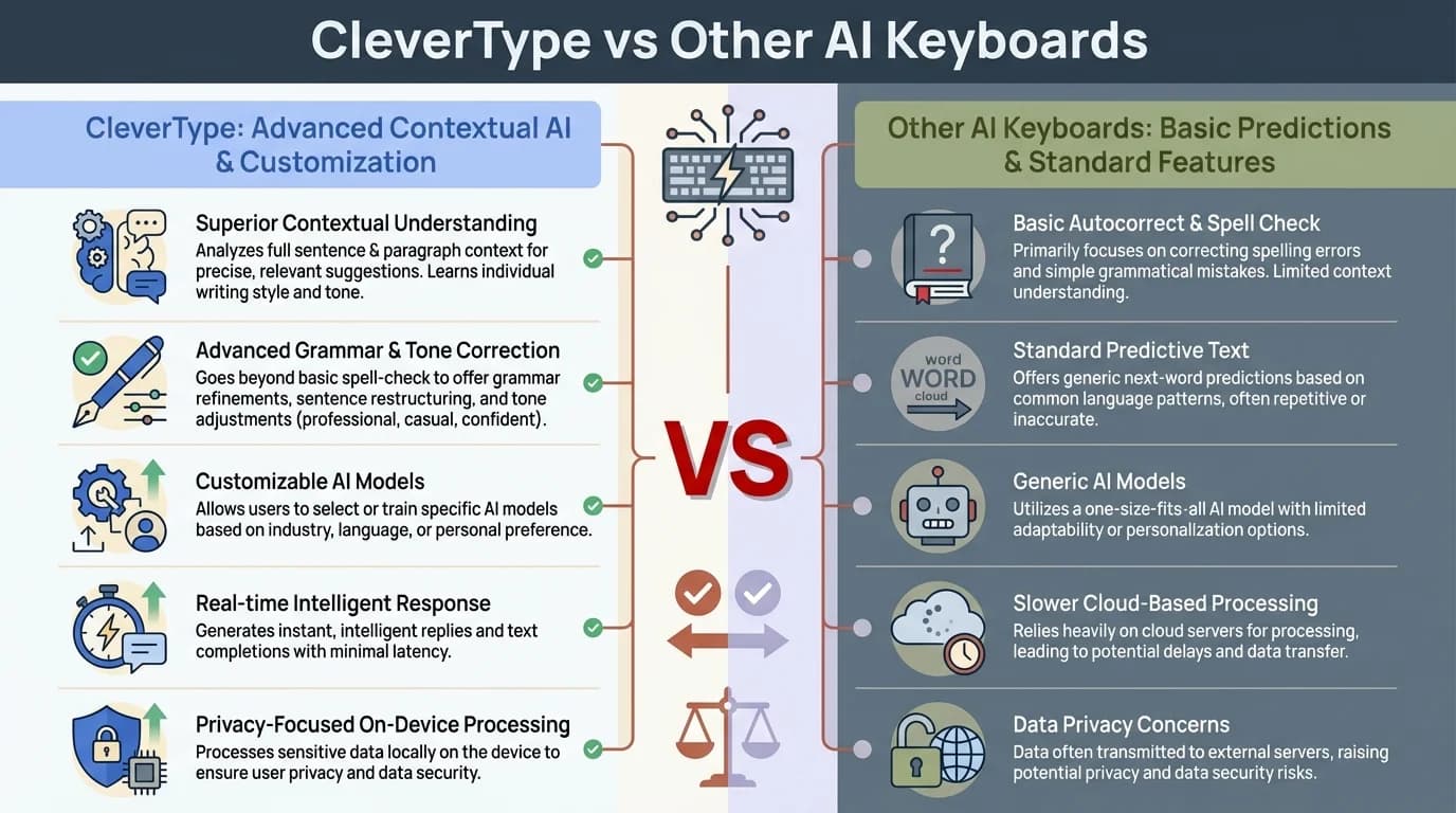 CleverType AI Keyboard comparison with other AI keyboards showing superior features for business writing